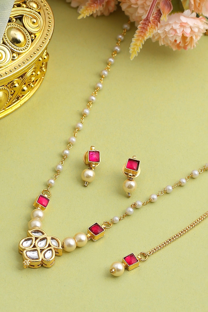 Gold Finish Green Kundan Necklace Set For Girls by Ruby Raang Kids at Pernia's Pop Up Shop