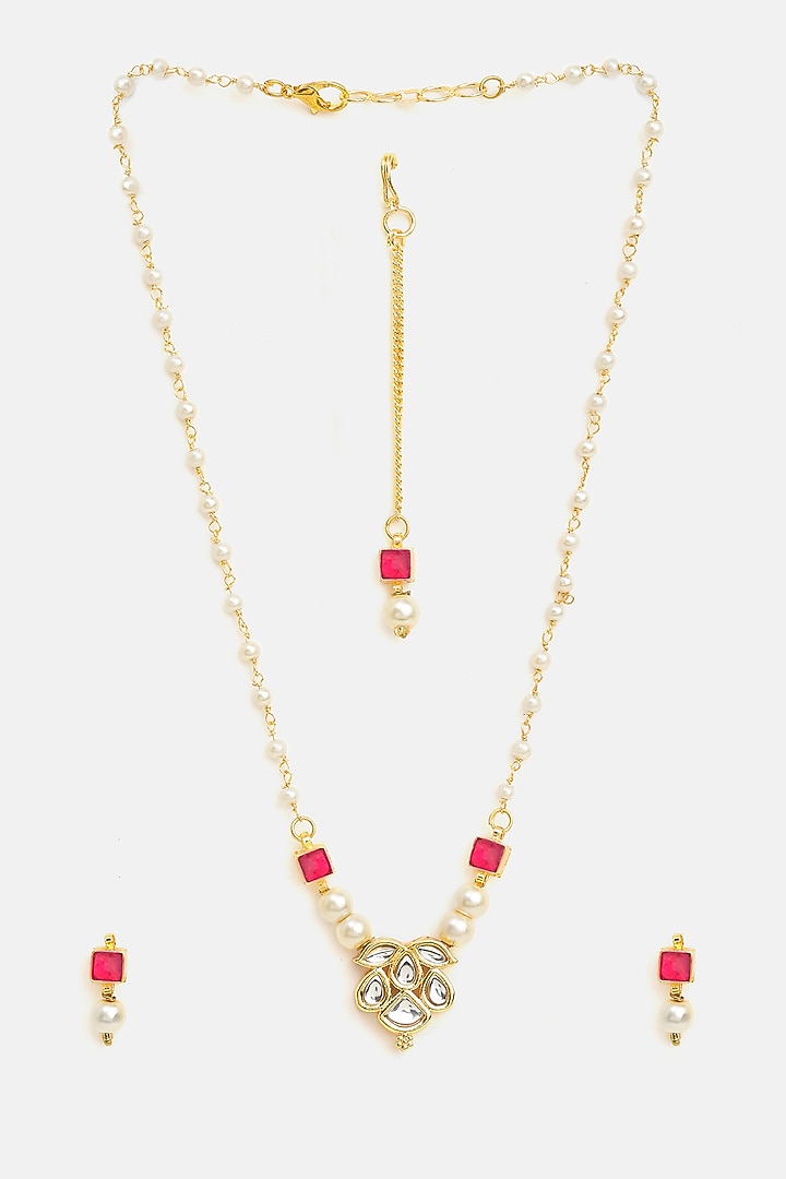 Gold Finish Green Kundan Necklace Set For Girls by Ruby Raang Kids at Pernia's Pop Up Shop