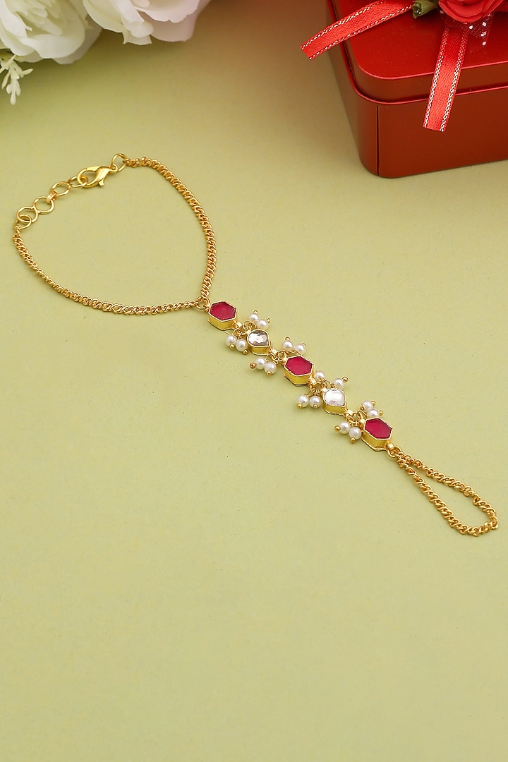 Gold Finish Glass Kundan Haathphool For Girls by Ruby Raang Kids  at Pernia's Pop Up Shop