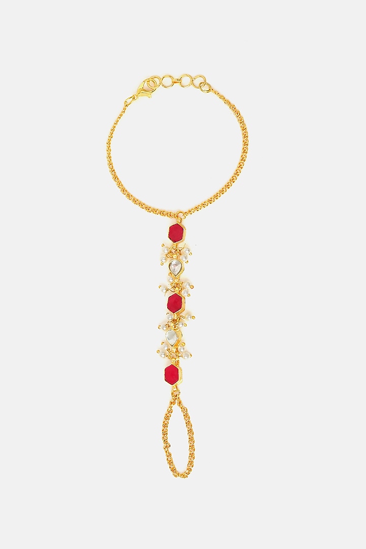 Gold Finish Glass Kundan Haathphool For Girls by Ruby Raang Kids  at Pernia's Pop Up Shop