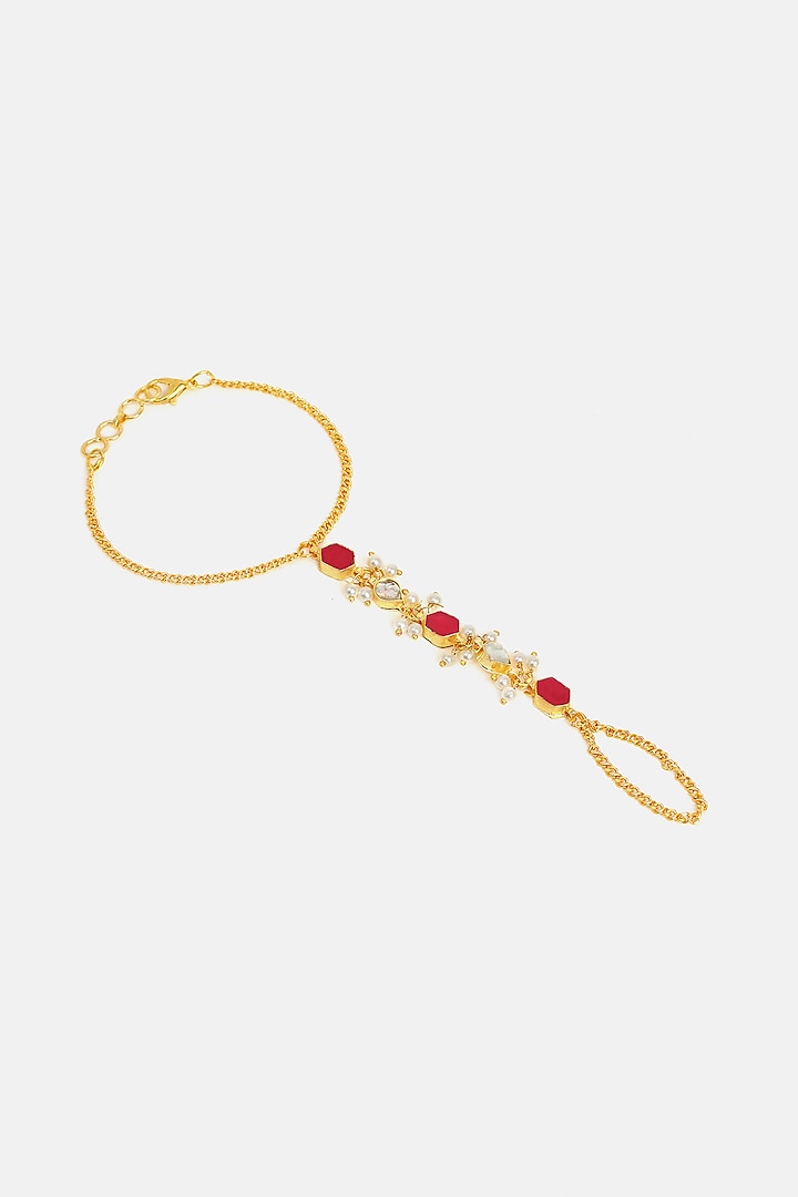Gold Finish Glass Kundan Haathphool For Girls by Ruby Raang Kids  at Pernia's Pop Up Shop