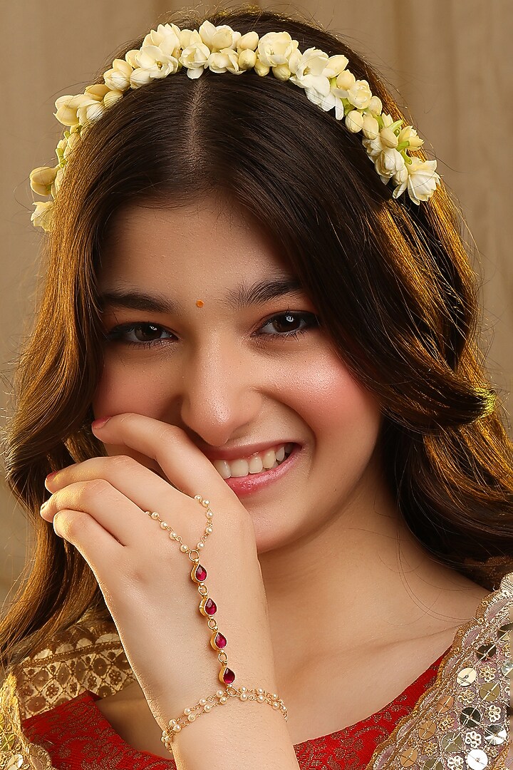 Gold Finish Glass Kundan Haathphool For Girls by Ruby Raang Kids  at Pernia's Pop Up Shop