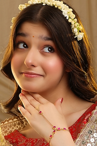 Gold Finish Glass Kundan Haathphool For Girls by Ruby Raang Kids 