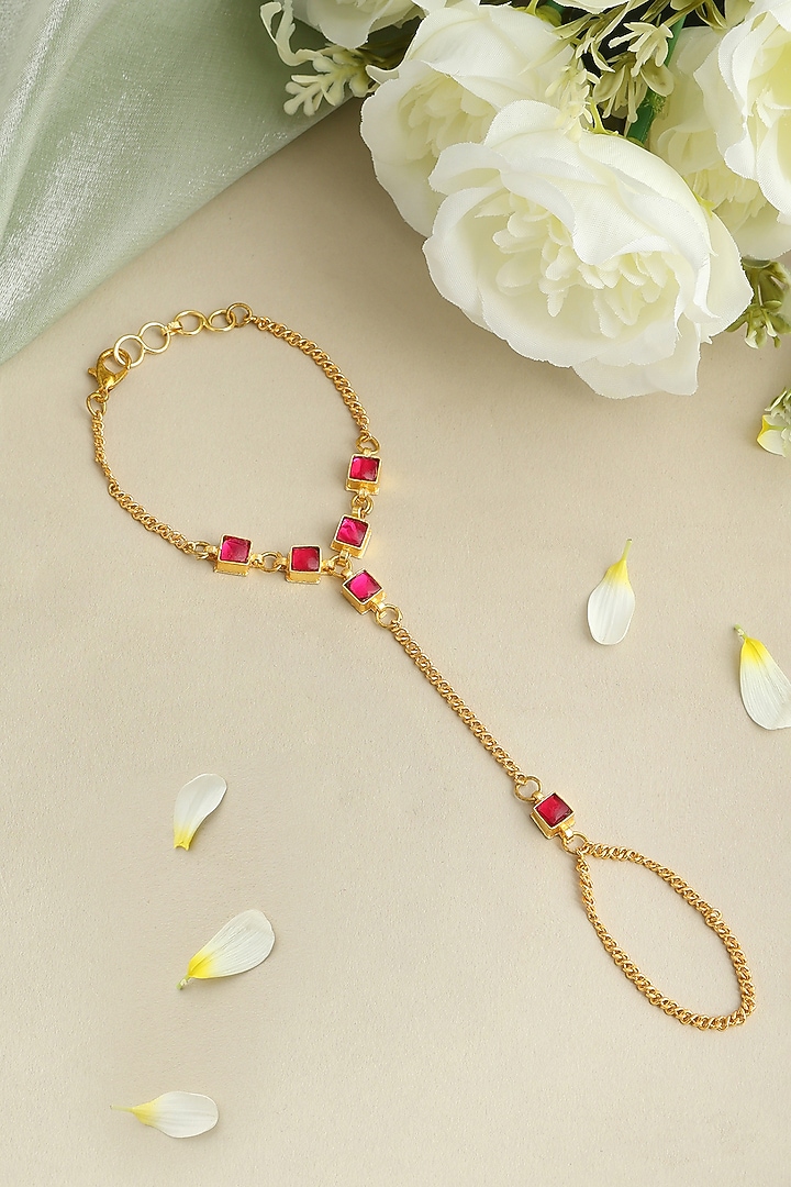 Gold Finish Glass Kundan Haathphool For Girls by Ruby Raang Kids  at Pernia's Pop Up Shop