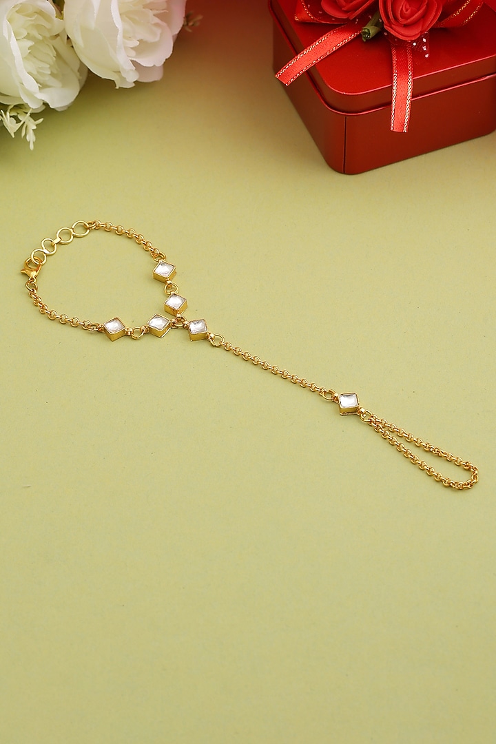 Gold Finish Glass Kundan Haathphool For Girls by Ruby Raang Kids  at Pernia's Pop Up Shop