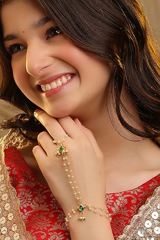 Gold Finish Glass Kundan Haathphool For Girls by Ruby Raang Kids 