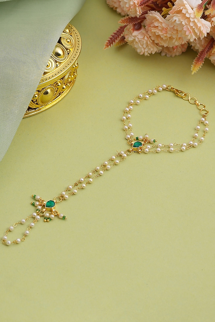 Gold Finish Glass Kundan Haathphool For Girls by Ruby Raang Kids  at Pernia's Pop Up Shop