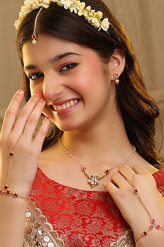 Gold Finish Glass Kundan Choker Necklace Set For Girls by Ruby Raang Kids 