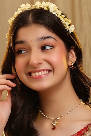 Gold Finish Glass Kundan Choker Necklace Set For Girls by Ruby Raang Kids 
