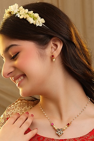 Gold Finish Glass Kundan Choker Necklace Set For Girls by Ruby Raang Kids 