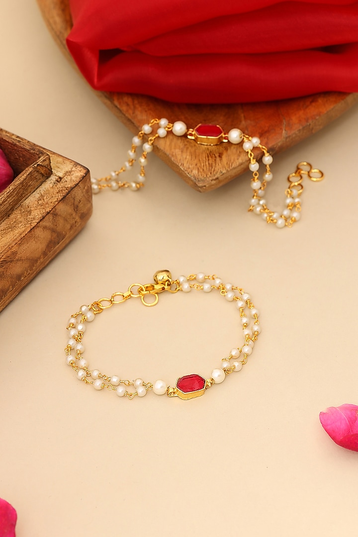 Gold Finish Kundan Polki Anklets For Girls by Ruby Raang Kids at Pernia's Pop Up Shop
