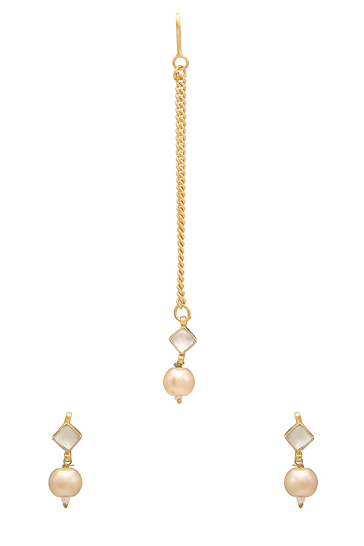 Gold Finish Kundan Polki Earrings & Maangtikka Set For Girls by Ruby Raang Kids at Pernia's Pop Up Shop