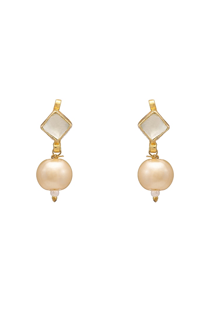 Gold Finish Kundan Polki Earrings & Maangtikka Set For Girls by Ruby Raang Kids at Pernia's Pop Up Shop