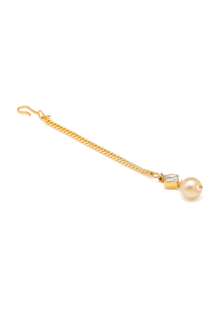 Gold Finish Kundan Polki Earrings & Maangtikka Set For Girls by Ruby Raang Kids at Pernia's Pop Up Shop