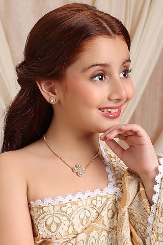 Gold Finish Kundan Polki & Semi Precious Stone Necklace Set For Girls by Ruby Raang Kids