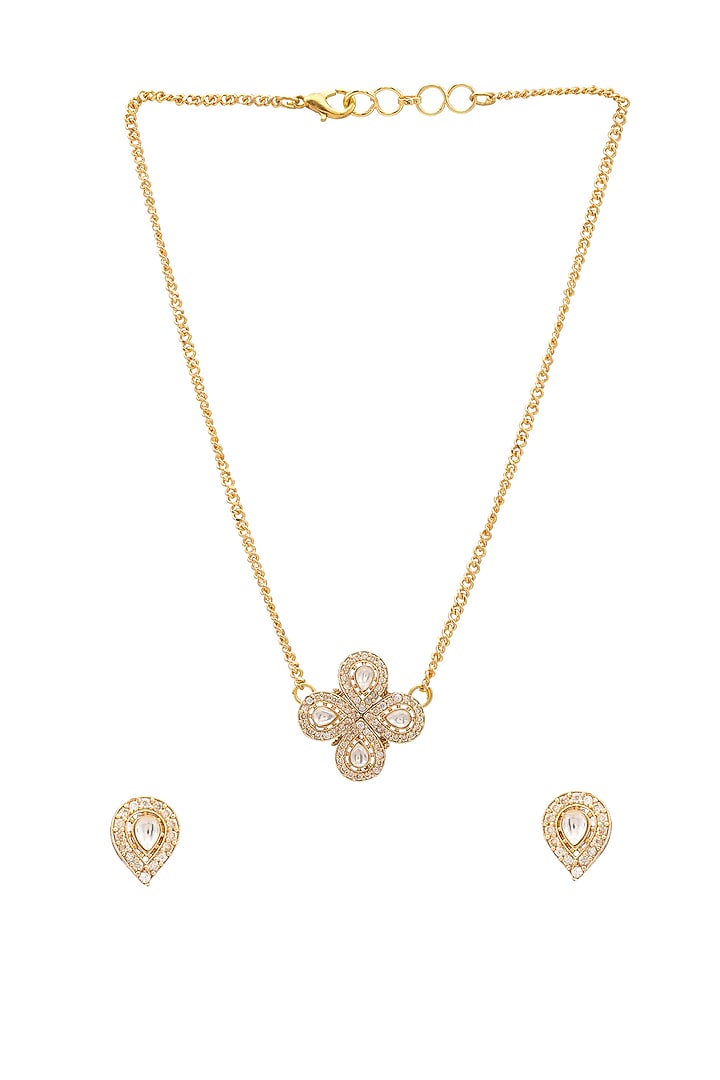 Gold Finish Kundan Polki & Semi Precious Stone Necklace Set For Girls by Ruby Raang Kids at Pernia's Pop Up Shop