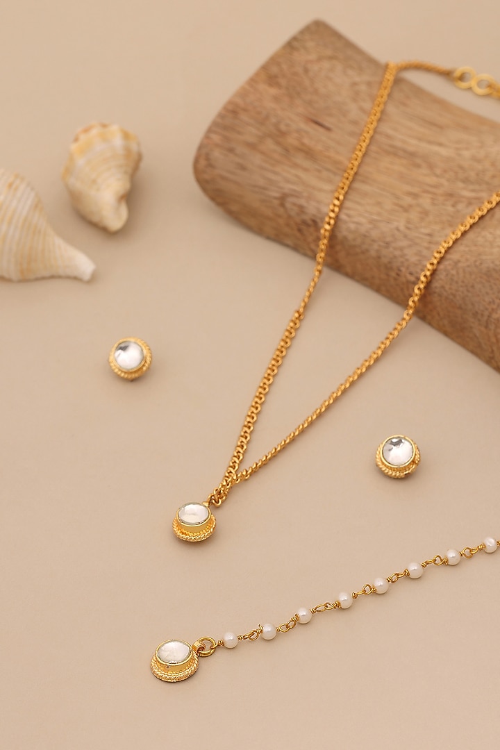 Gold Finish Kundan Polki Necklace Set For Girls by Ruby Raang Kids at Pernia's Pop Up Shop