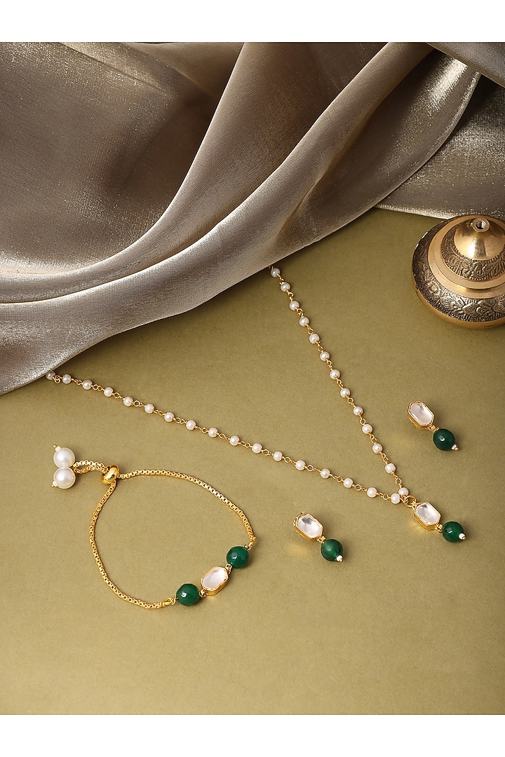 Gold Finish Kundan Polki & Green Stone Necklace Set For Girls by Ruby Raang Kids at Pernia's Pop Up Shop