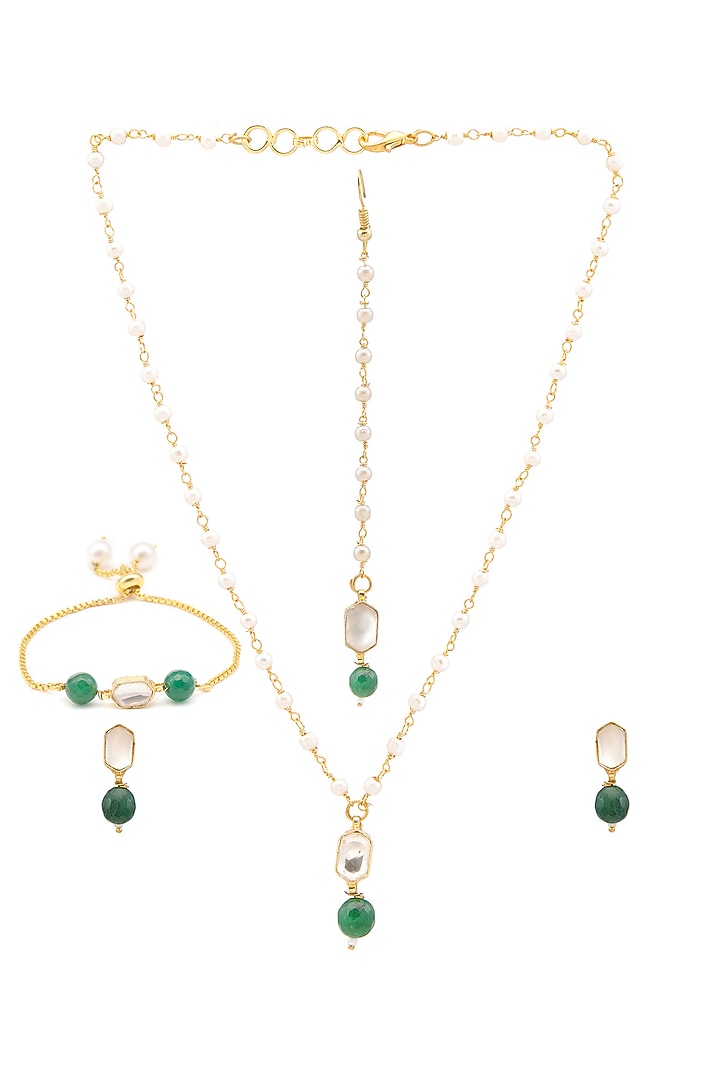 Gold Finish Kundan Polki & Green Stone Necklace Set For Girls by Ruby Raang Kids at Pernia's Pop Up Shop