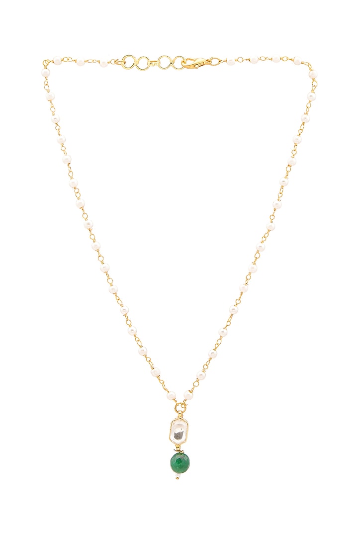 Gold Finish Kundan Polki & Green Stone Necklace Set For Girls by Ruby Raang Kids at Pernia's Pop Up Shop