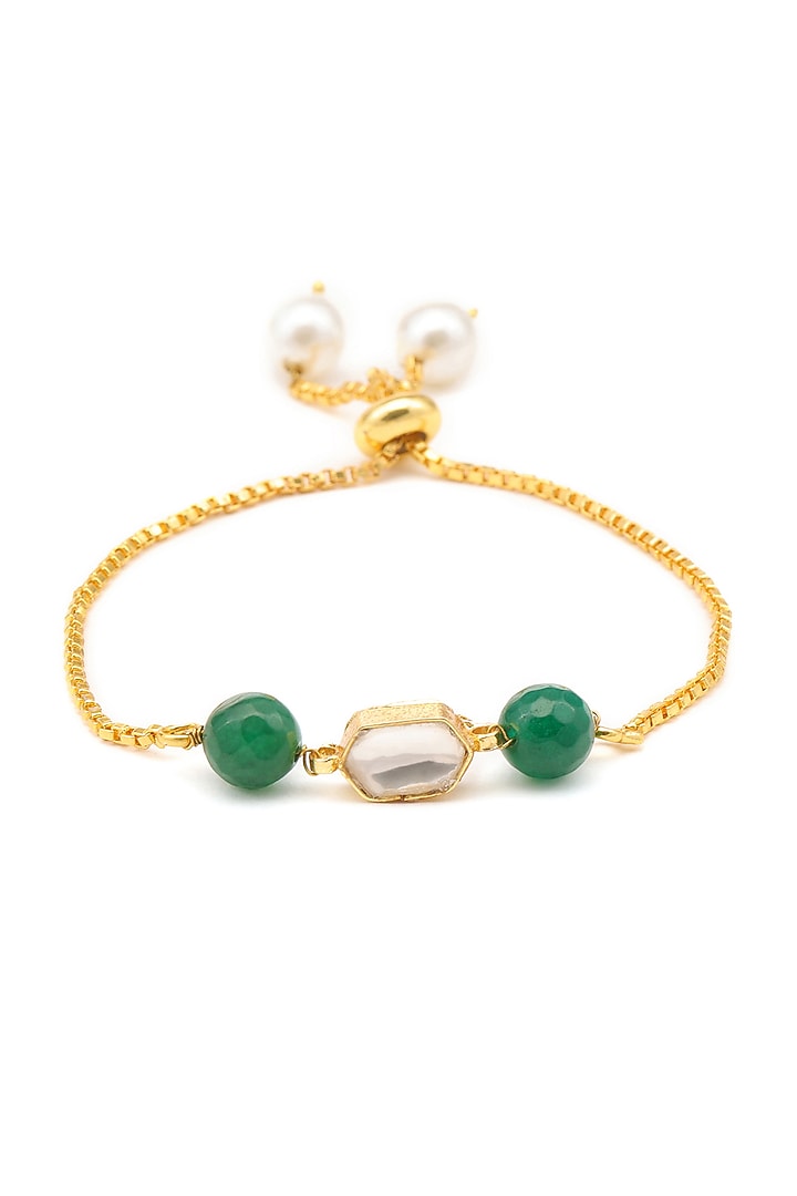 Gold Finish Kundan Polki & Green Stone Necklace Set For Girls by Ruby Raang Kids at Pernia's Pop Up Shop