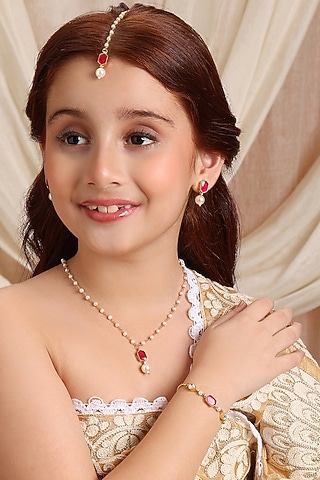 Gold Finish Maroon Kundan Polki Necklace Set For Girls by Ruby Raang Kids