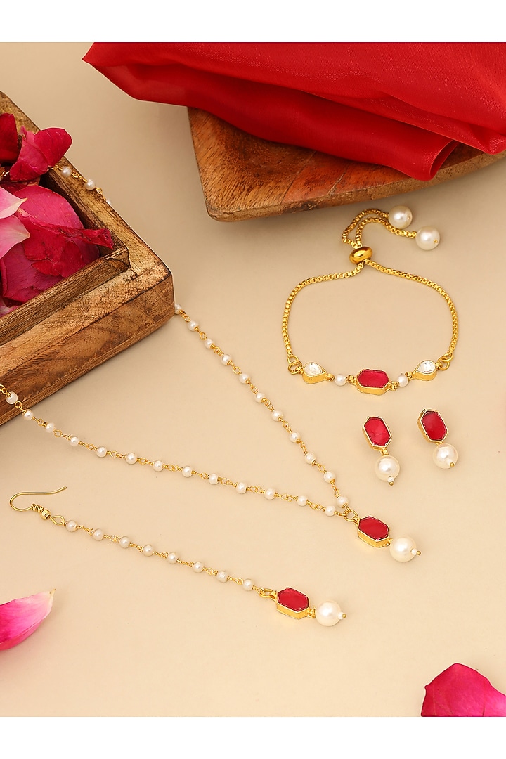 Gold Finish Maroon Kundan Polki Necklace Set For Girls by Ruby Raang Kids at Pernia's Pop Up Shop
