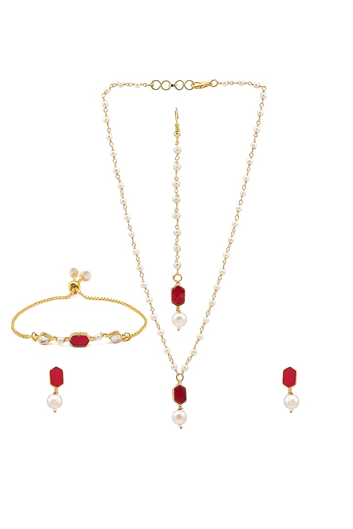 Gold Finish Maroon Kundan Polki Necklace Set For Girls by Ruby Raang Kids at Pernia's Pop Up Shop