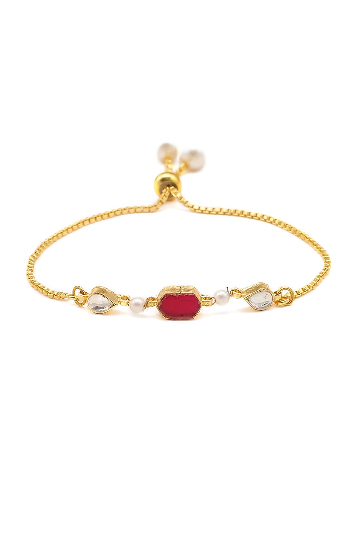 Gold Finish Maroon Kundan Polki Necklace Set For Girls by Ruby Raang Kids at Pernia's Pop Up Shop
