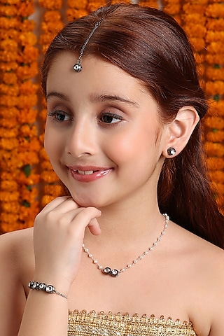 Black Rhodium Finish Kundan Polki & Semi Precious Stones Necklace Set For Girls by Ruby Raang Kids