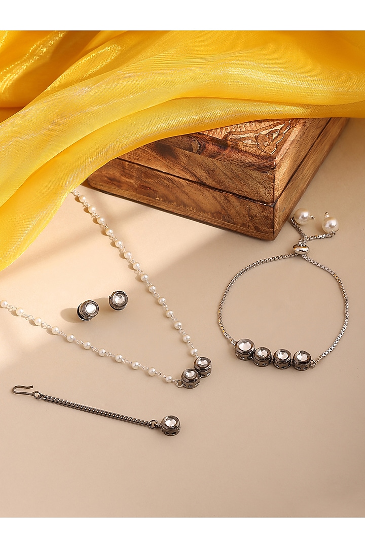Black Rhodium Finish Kundan Polki & Semi Precious Stones Necklace Set For Girls by Ruby Raang Kids at Pernia's Pop Up Shop