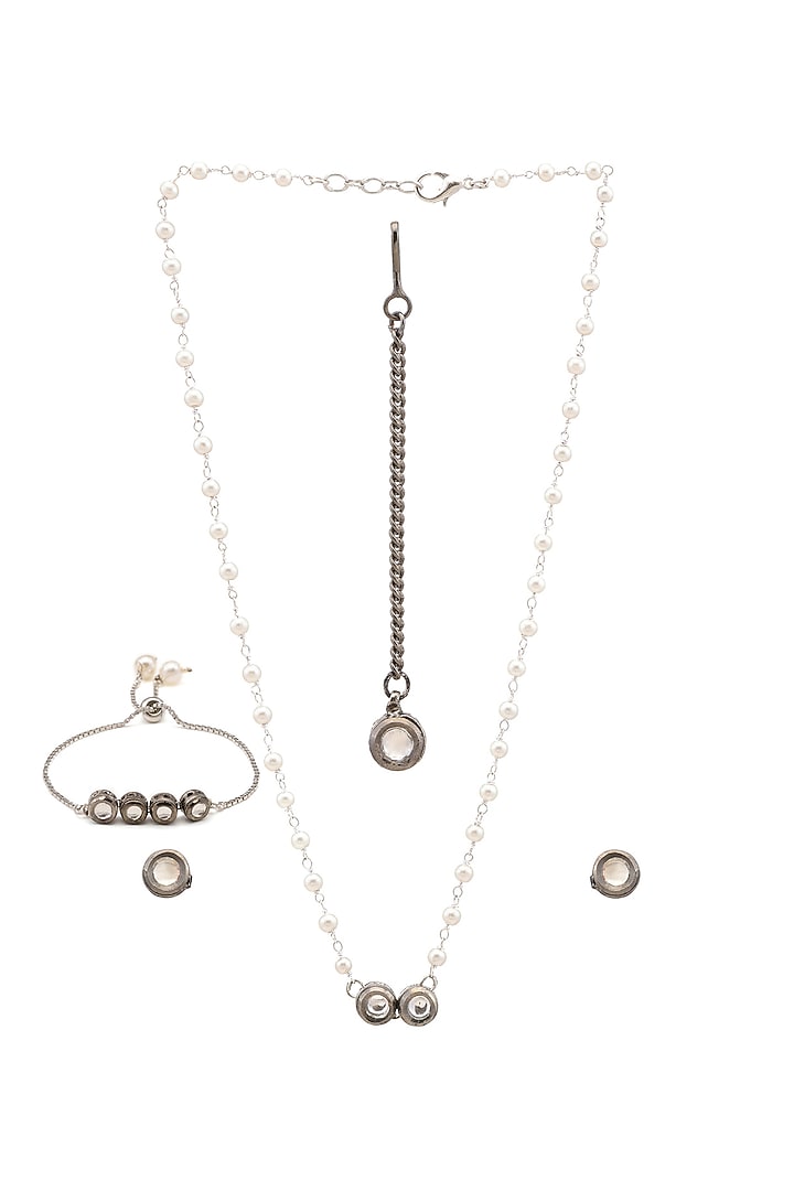 Black Rhodium Finish Kundan Polki & Semi Precious Stones Necklace Set For Girls by Ruby Raang Kids at Pernia's Pop Up Shop