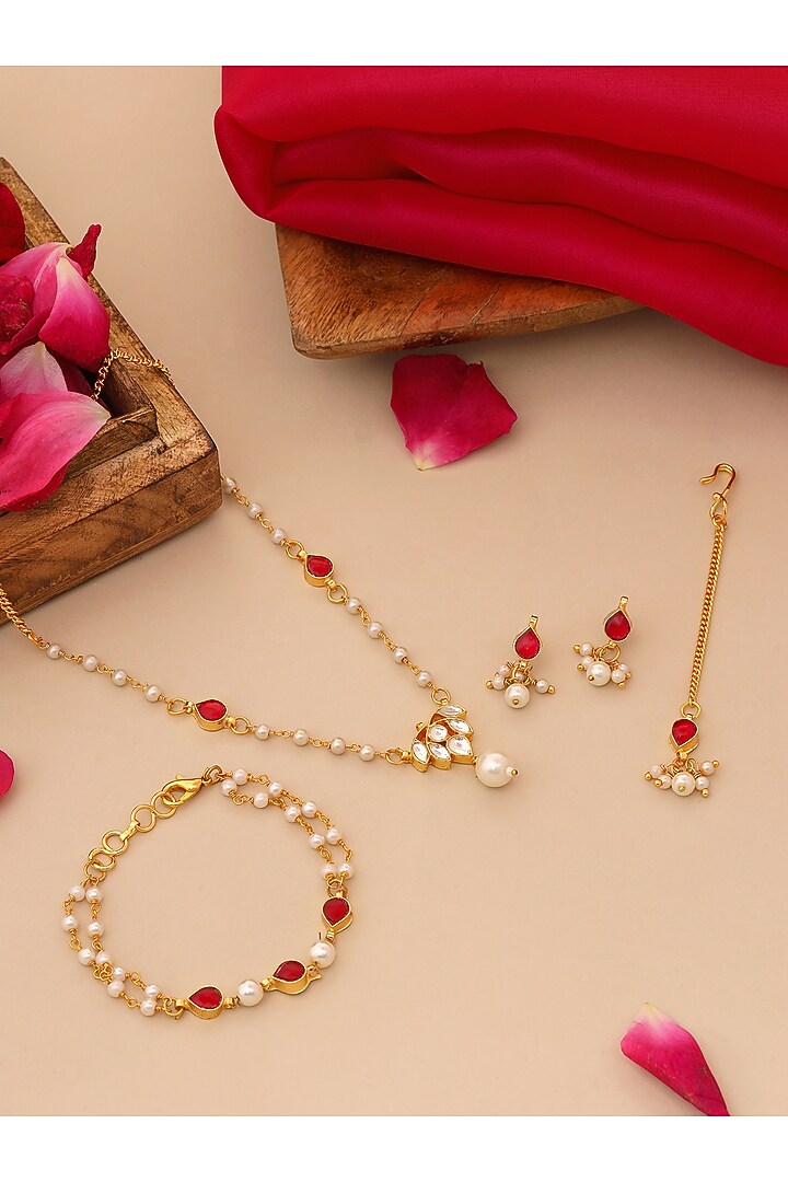 Gold Finish Kundan Polki & Maroon Semi Precious Stone Necklace Set For Girls by Ruby Raang Kids at Pernia's Pop Up Shop