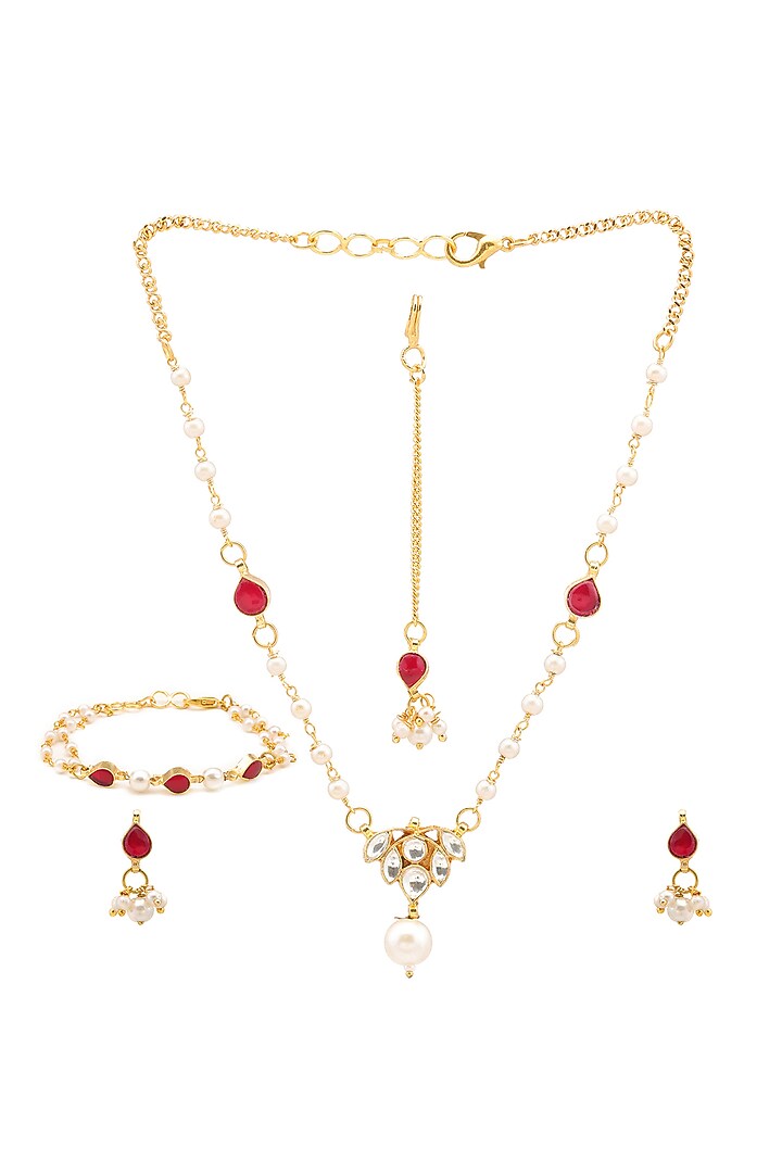 Gold Finish Kundan Polki & Maroon Semi Precious Stone Necklace Set For Girls by Ruby Raang Kids at Pernia's Pop Up Shop
