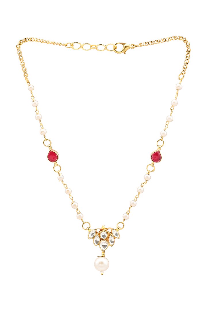 Gold Finish Kundan Polki & Maroon Semi Precious Stone Necklace Set For Girls by Ruby Raang Kids at Pernia's Pop Up Shop
