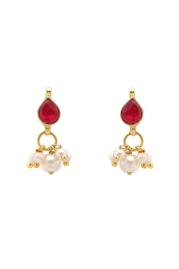 Gold Finish Kundan Polki & Maroon Semi Precious Stone Necklace Set For Girls by Ruby Raang Kids at Pernia's Pop Up Shop