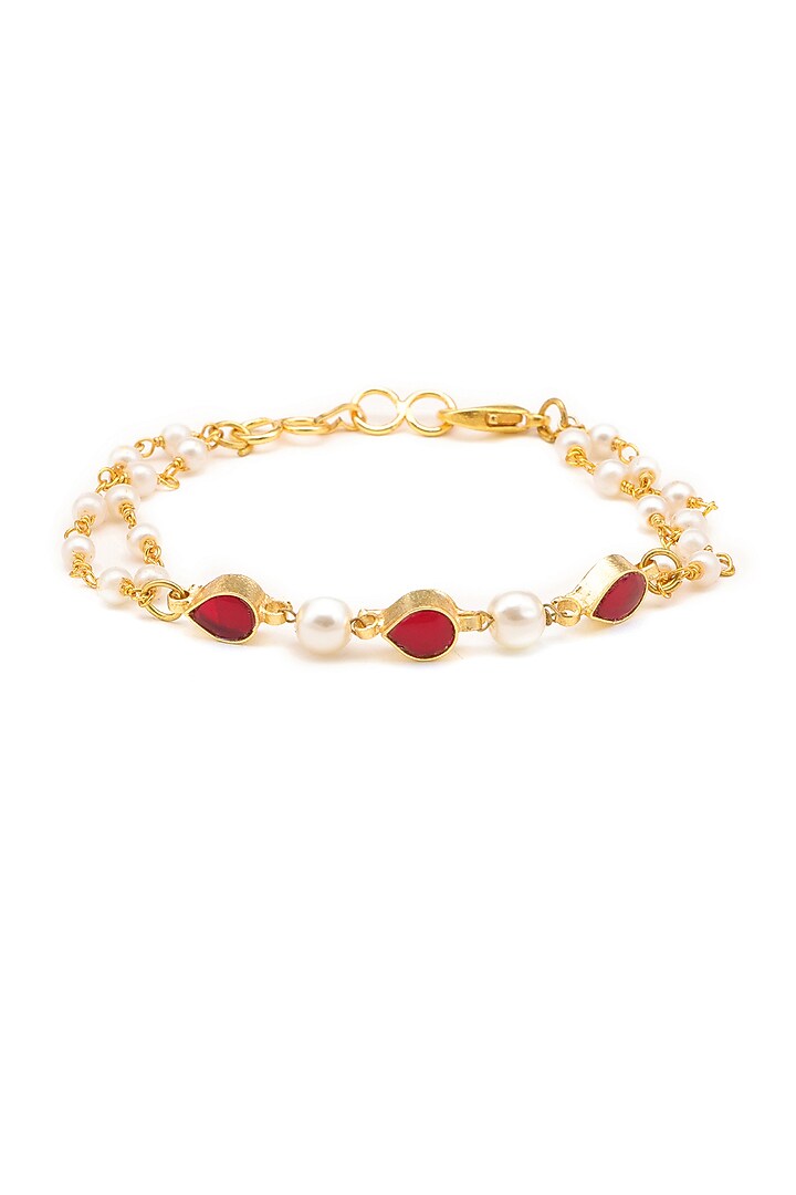 Gold Finish Kundan Polki & Maroon Semi Precious Stone Necklace Set For Girls by Ruby Raang Kids at Pernia's Pop Up Shop