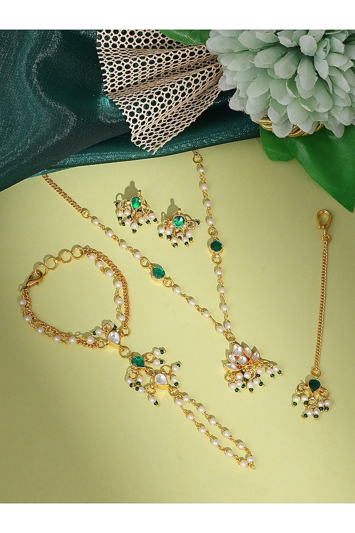 Gold Finish Kundan Polki Necklace Set For Girls by Ruby Raang Kids at Pernia's Pop Up Shop