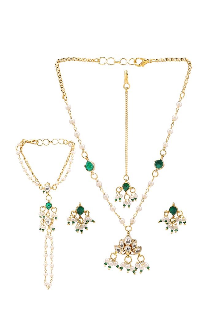 Gold Finish Kundan Polki Necklace Set For Girls by Ruby Raang Kids at Pernia's Pop Up Shop