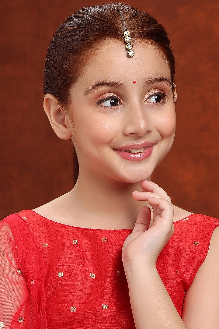 Two Tone Finish Kundan Polki & Gold Stone Maangtikka For Girls by Ruby Raang Kids at Pernia's Pop Up Shop