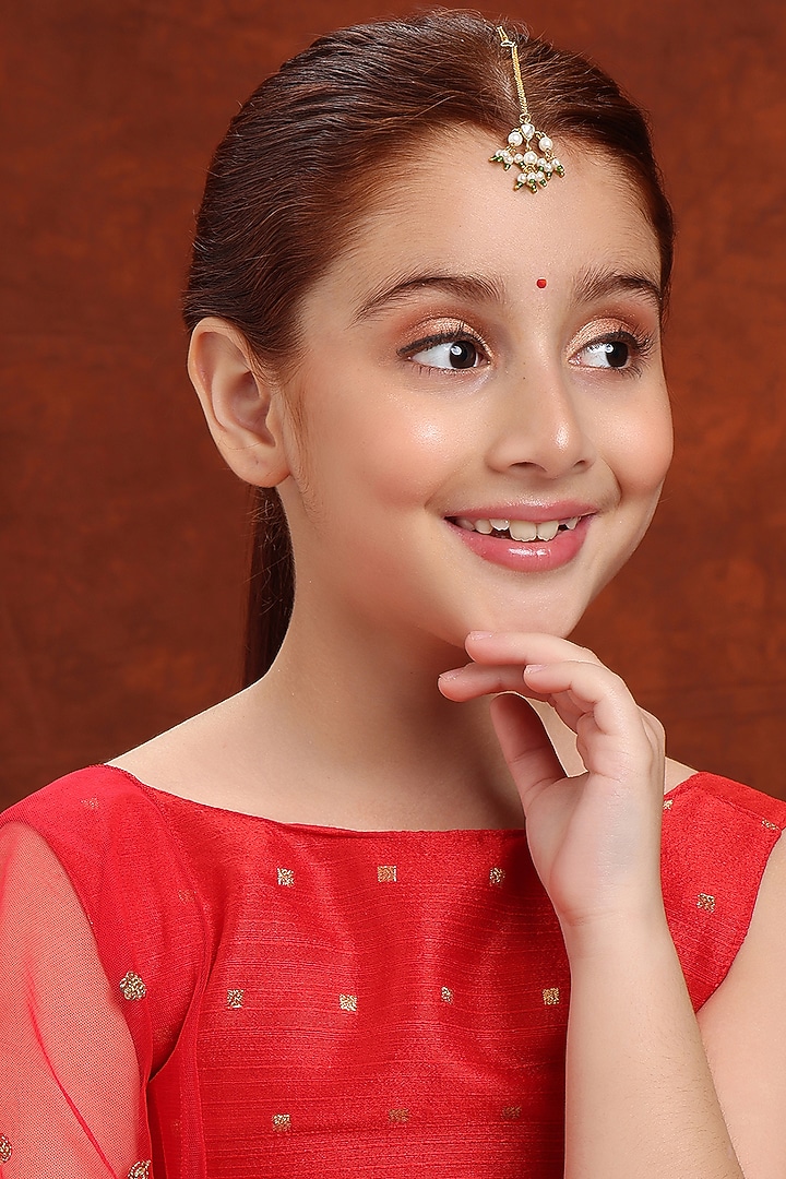 Gold Finish Kundan Polki & Green Beads Maangtikka For Girls by Ruby Raang Kids at Pernia's Pop Up Shop