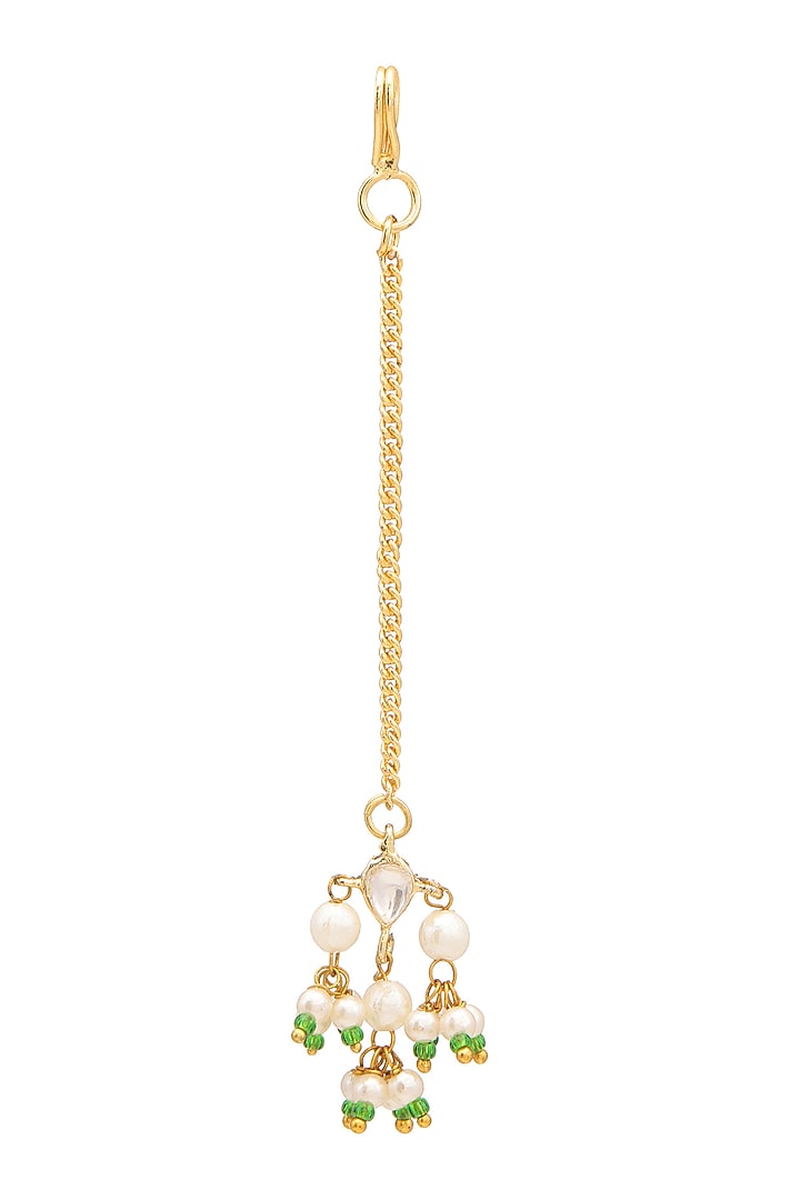 Gold Finish Kundan Polki & Green Beads Maangtikka For Girls by Ruby Raang Kids at Pernia's Pop Up Shop