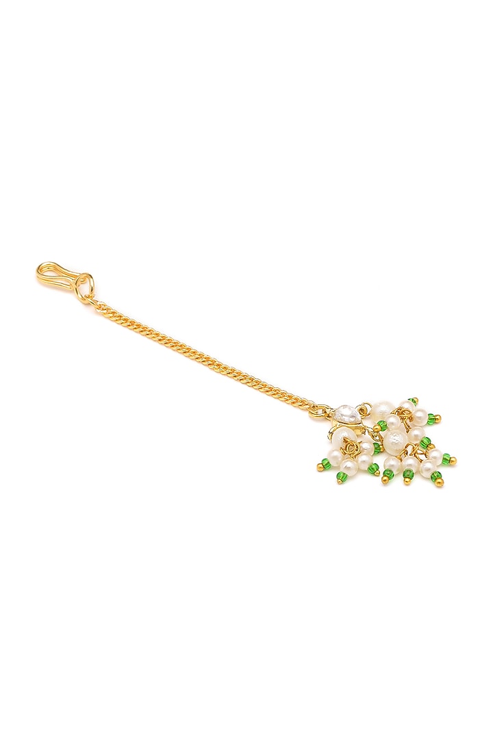 Gold Finish Kundan Polki & Green Beads Maangtikka For Girls by Ruby Raang Kids at Pernia's Pop Up Shop