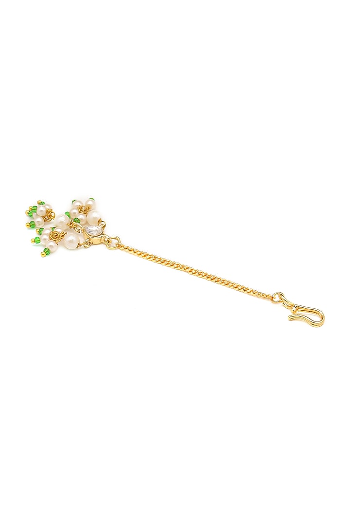 Gold Finish Kundan Polki & Green Beads Maangtikka For Girls by Ruby Raang Kids at Pernia's Pop Up Shop