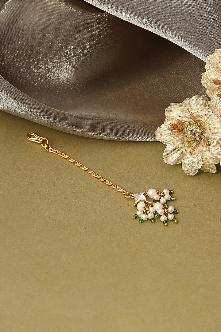 Gold Finish Kundan Polki & Green Beads Maangtikka For Girls by Ruby Raang Kids at Pernia's Pop Up Shop