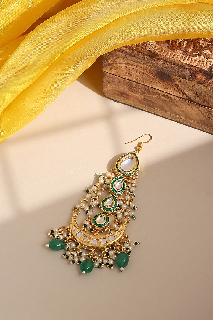 Gold Finish Kundan Polki & Green Stone Pasa For Girls by Ruby Raang Kids at Pernia's Pop Up Shop