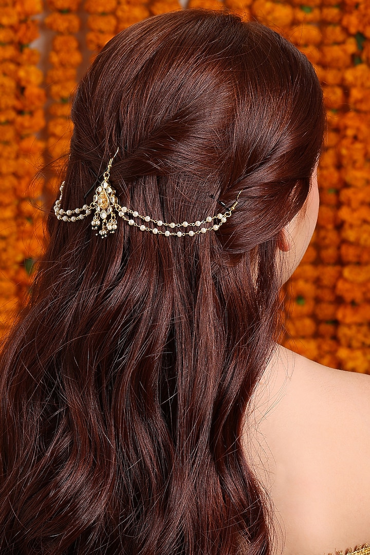 Gold Finish Kundan Polki & Gold Stone Hair Accesory For Girls by Ruby Raang Kids at Pernia's Pop Up Shop