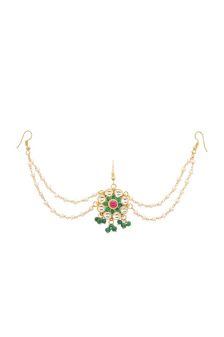 Gold Finish Kundan Polki & Green Stone Hair Accessory For Girls by Ruby Raang Kids at Pernia's Pop Up Shop