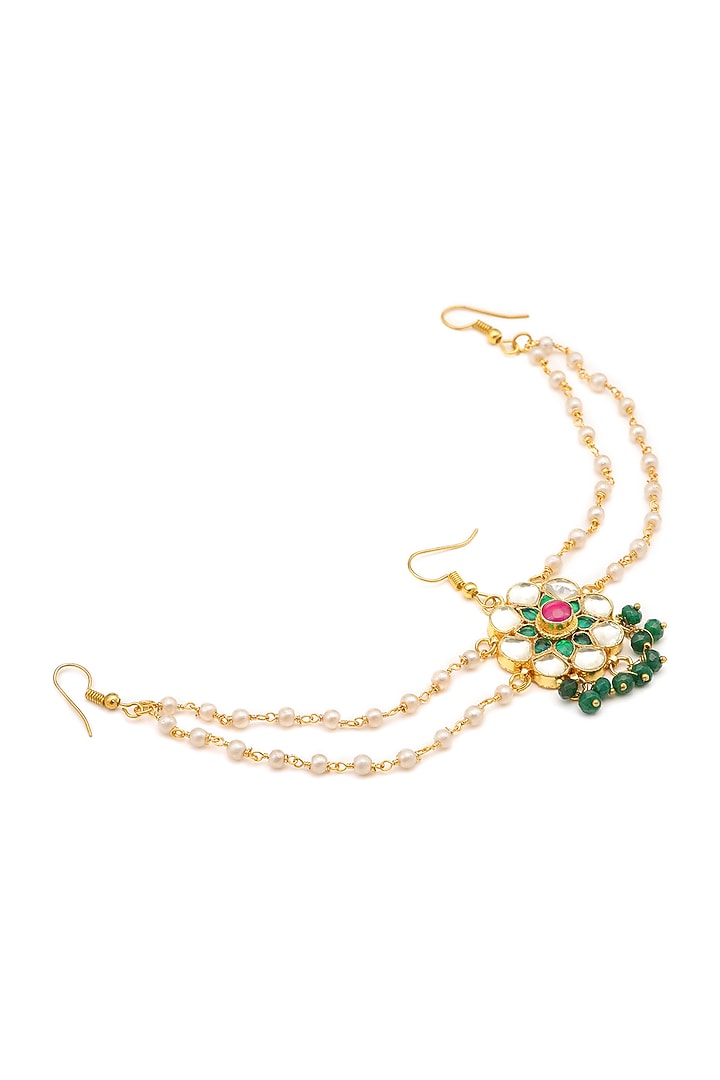Gold Finish Kundan Polki & Green Stone Hair Accessory For Girls by Ruby Raang Kids at Pernia's Pop Up Shop