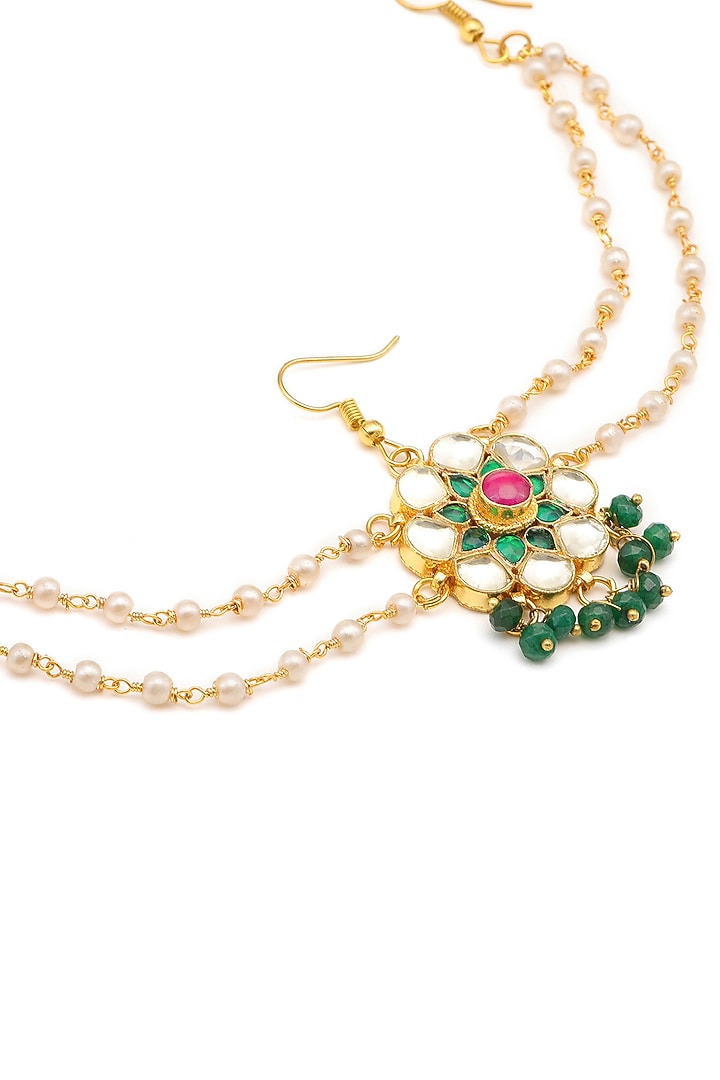 Gold Finish Kundan Polki & Green Stone Hair Accessory For Girls by Ruby Raang Kids at Pernia's Pop Up Shop